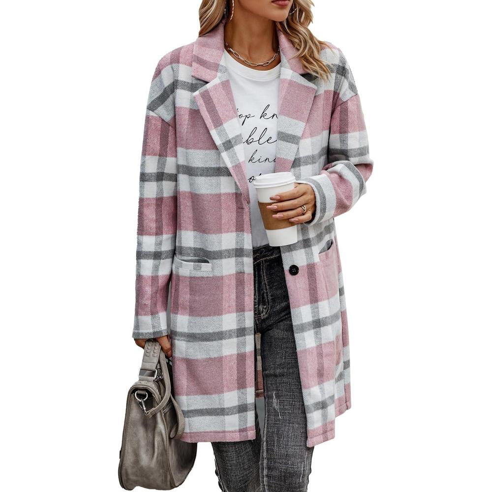 imagePRETTYGARDEN Women Plaid Shacket Jacket Trendy Fall Casual Button Wool Blend Tartan Trench Coat Winter Clothing with PocketsPink White