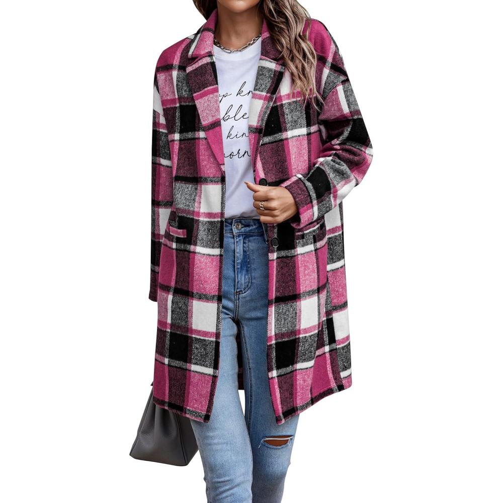 imagePRETTYGARDEN Women Plaid Shacket Jacket Trendy Fall Casual Button Wool Blend Tartan Trench Coat Winter Clothing with PocketsRose Red