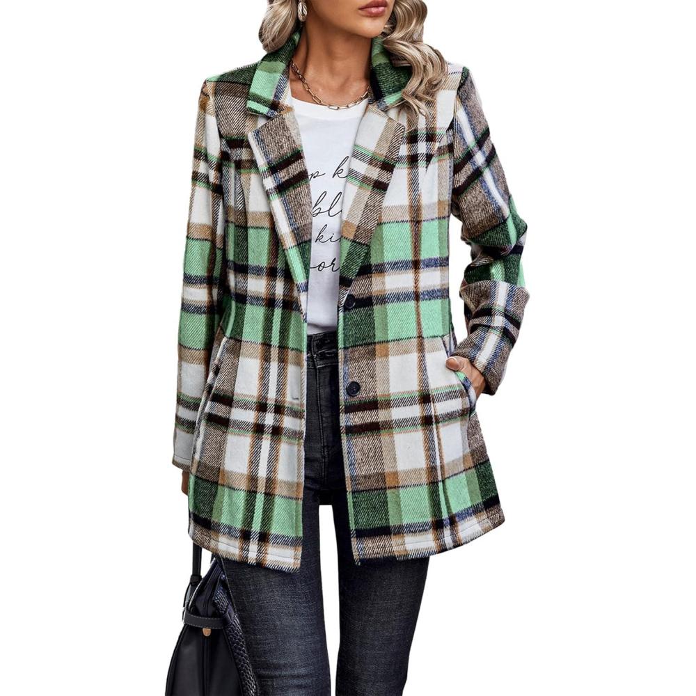 imagePRETTYGARDEN Women Plaid Shacket Jacket Trendy Fall Casual Button Wool Blend Tartan Trench Coat Winter Clothing with PocketsShort Style Green