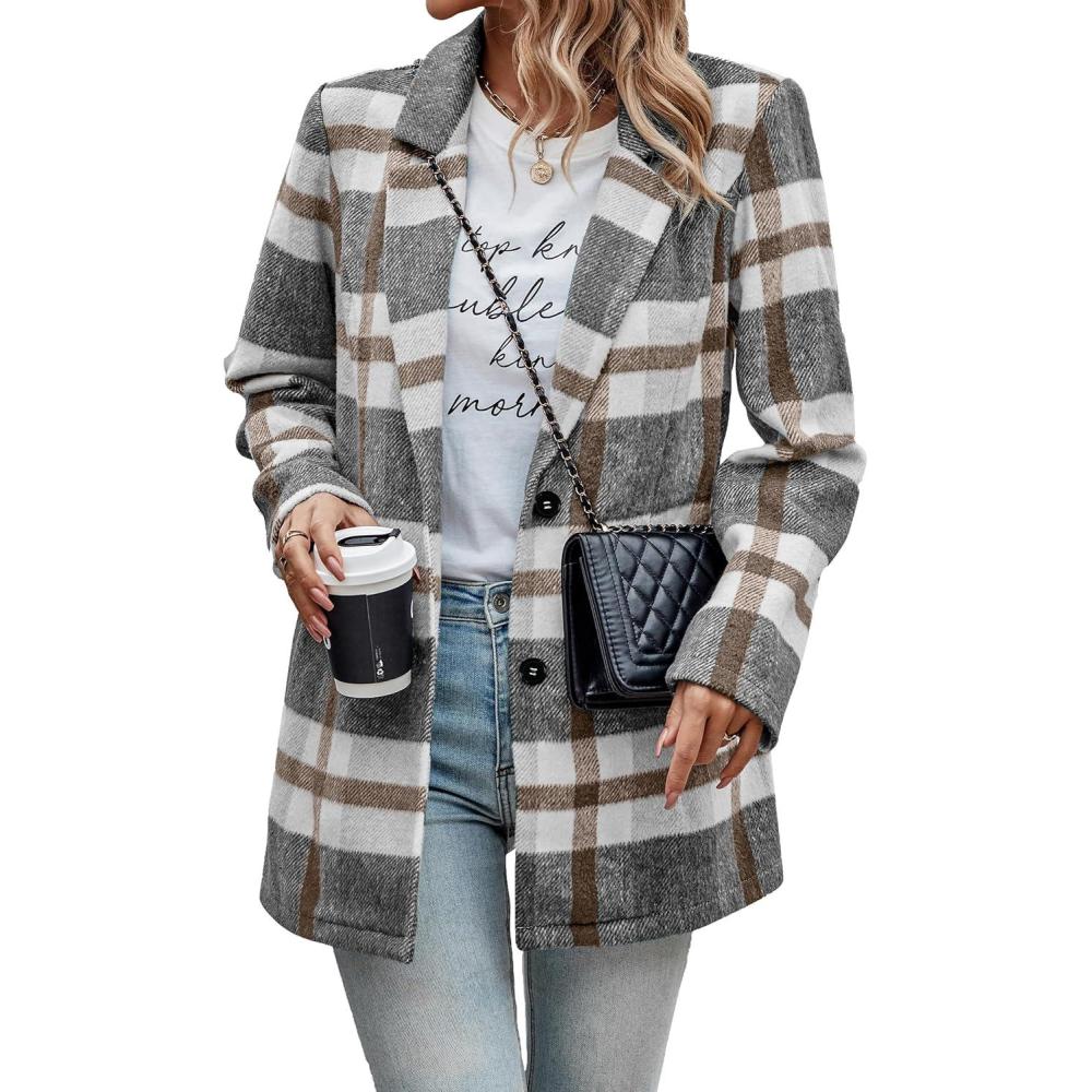 imagePRETTYGARDEN Women Plaid Shacket Jacket Trendy Fall Casual Button Wool Blend Tartan Trench Coat Winter Clothing with PocketsShort Style Grey White