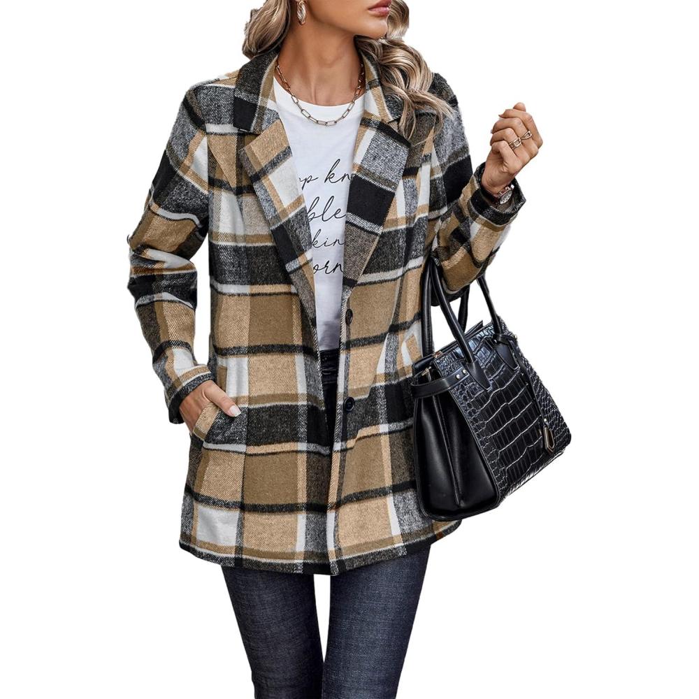imagePRETTYGARDEN Women Plaid Shacket Jacket Trendy Fall Casual Button Wool Blend Tartan Trench Coat Winter Clothing with PocketsShort Style Khaki