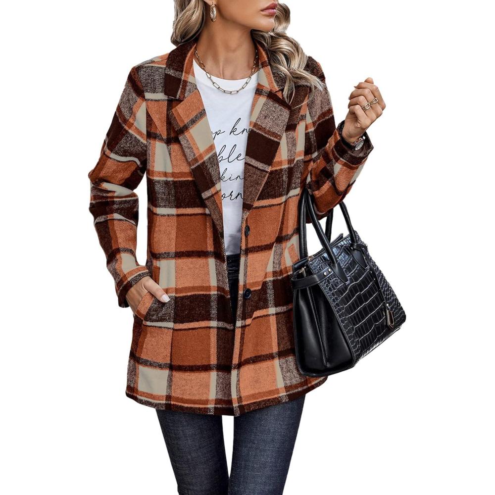 imagePRETTYGARDEN Women Plaid Shacket Jacket Trendy Fall Casual Button Wool Blend Tartan Trench Coat Winter Clothing with PocketsShort Style Orange