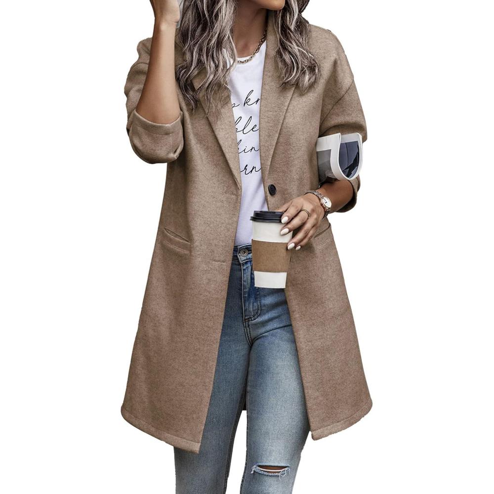 imagePRETTYGARDEN Women Plaid Shacket Jacket Trendy Fall Casual Button Wool Blend Tartan Trench Coat Winter Clothing with PocketsSolid Camel
