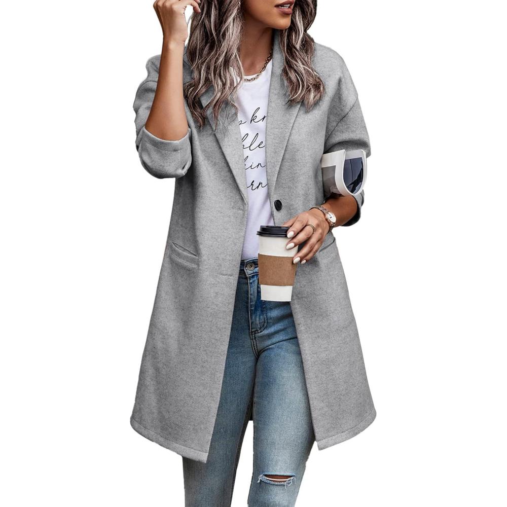 imagePRETTYGARDEN Women Plaid Shacket Jacket Trendy Fall Casual Button Wool Blend Tartan Trench Coat Winter Clothing with PocketsSolid Light Grey