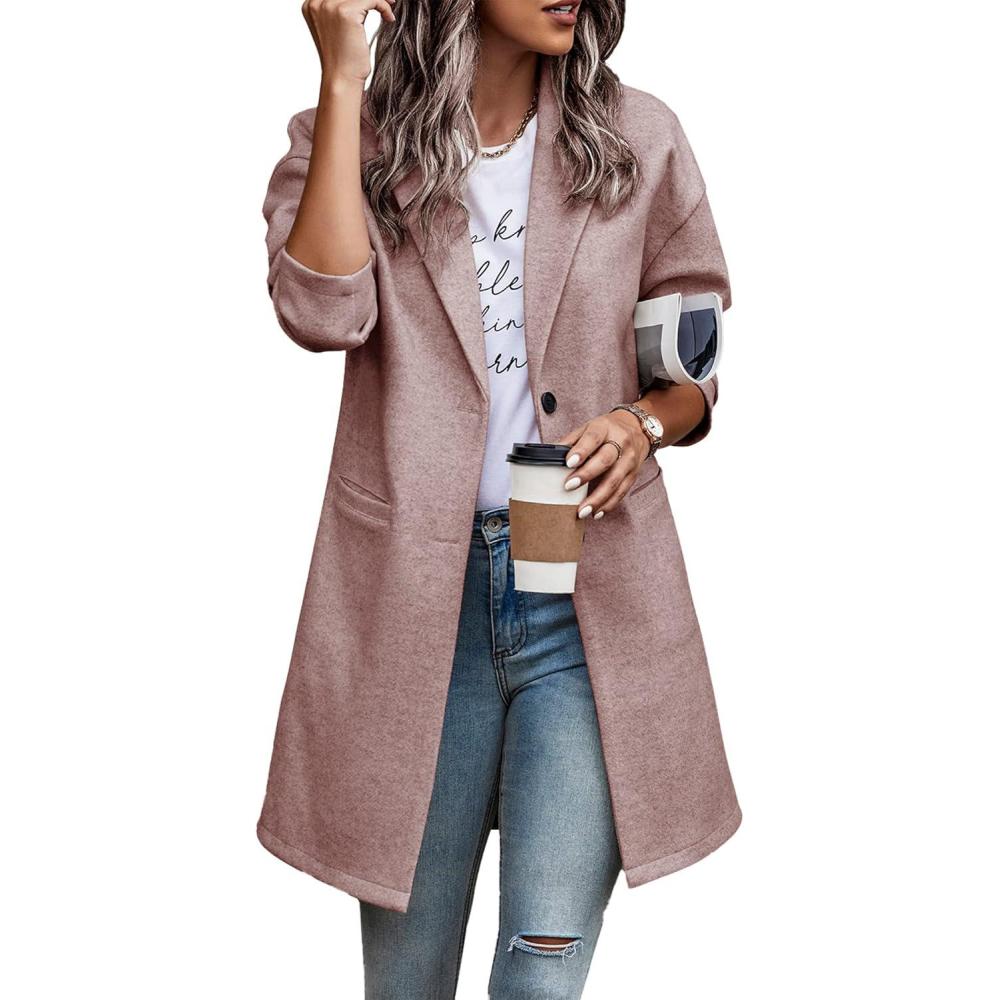 imagePRETTYGARDEN Women Plaid Shacket Jacket Trendy Fall Casual Button Wool Blend Tartan Trench Coat Winter Clothing with PocketsSolid Pink
