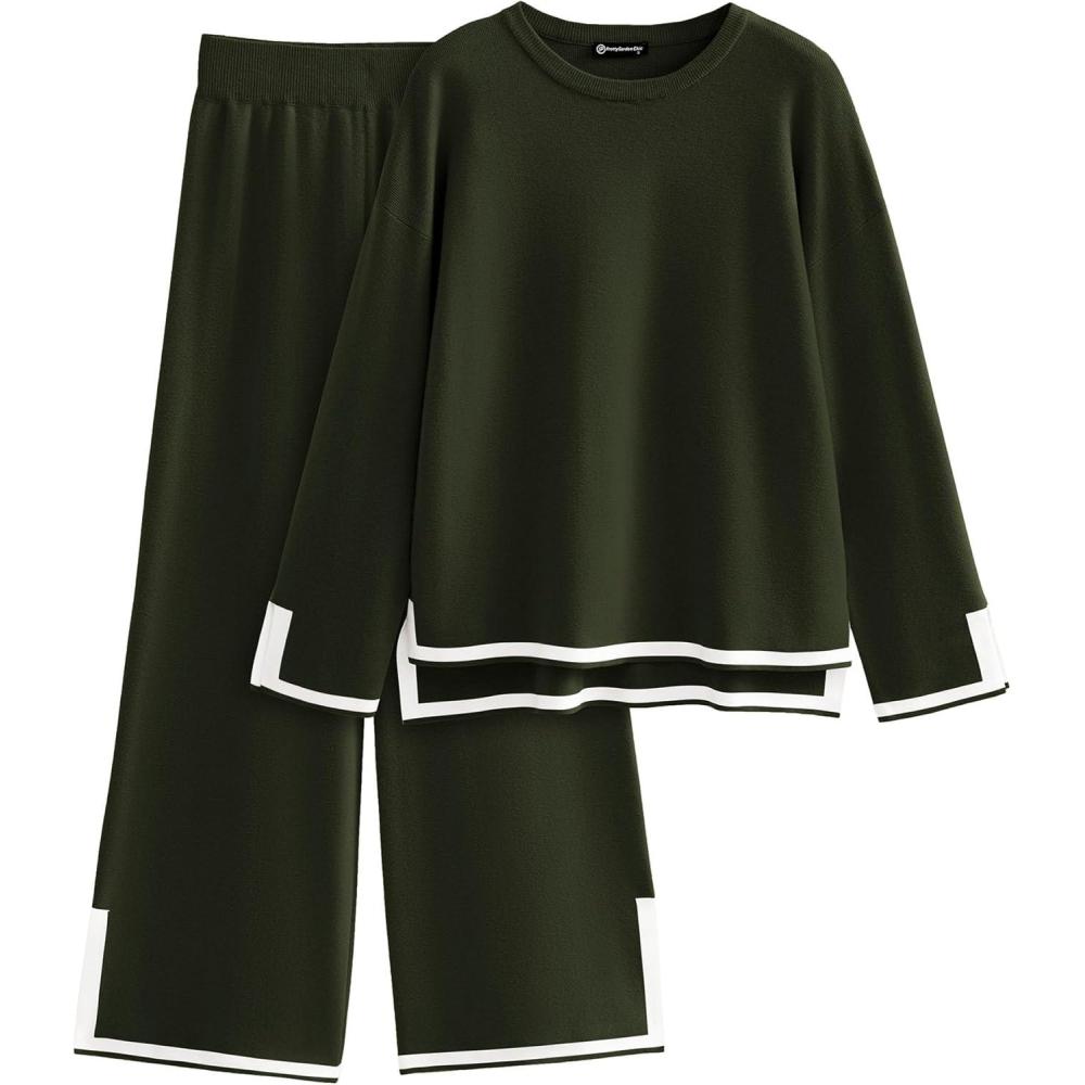 imagePRETTYGARDEN Womens 2 Piece Fall Knit Sweater Set Long Sleeve Tops Wide Leg Pants Sweatsuit Tracksuit Outfit Winter ClothingArmy Green