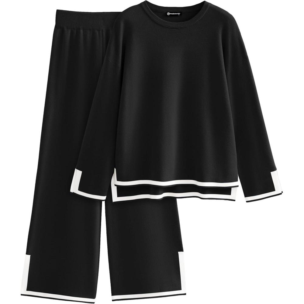 imagePRETTYGARDEN Womens 2 Piece Fall Knit Sweater Set Long Sleeve Tops Wide Leg Pants Sweatsuit Tracksuit Outfit Winter ClothingBlack