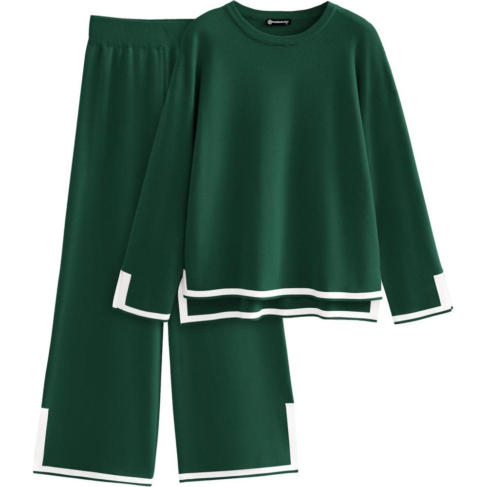 imagePRETTYGARDEN Womens 2 Piece Fall Knit Sweater Set Long Sleeve Tops Wide Leg Pants Sweatsuit Tracksuit Outfit Winter ClothingGreen