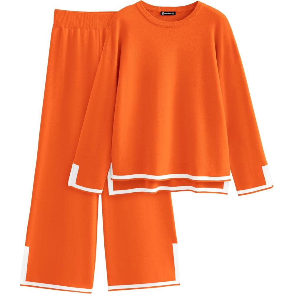 imagePRETTYGARDEN Womens 2 Piece Fall Knit Sweater Set Long Sleeve Tops Wide Leg Pants Sweatsuit Tracksuit Outfit Winter ClothingOrange