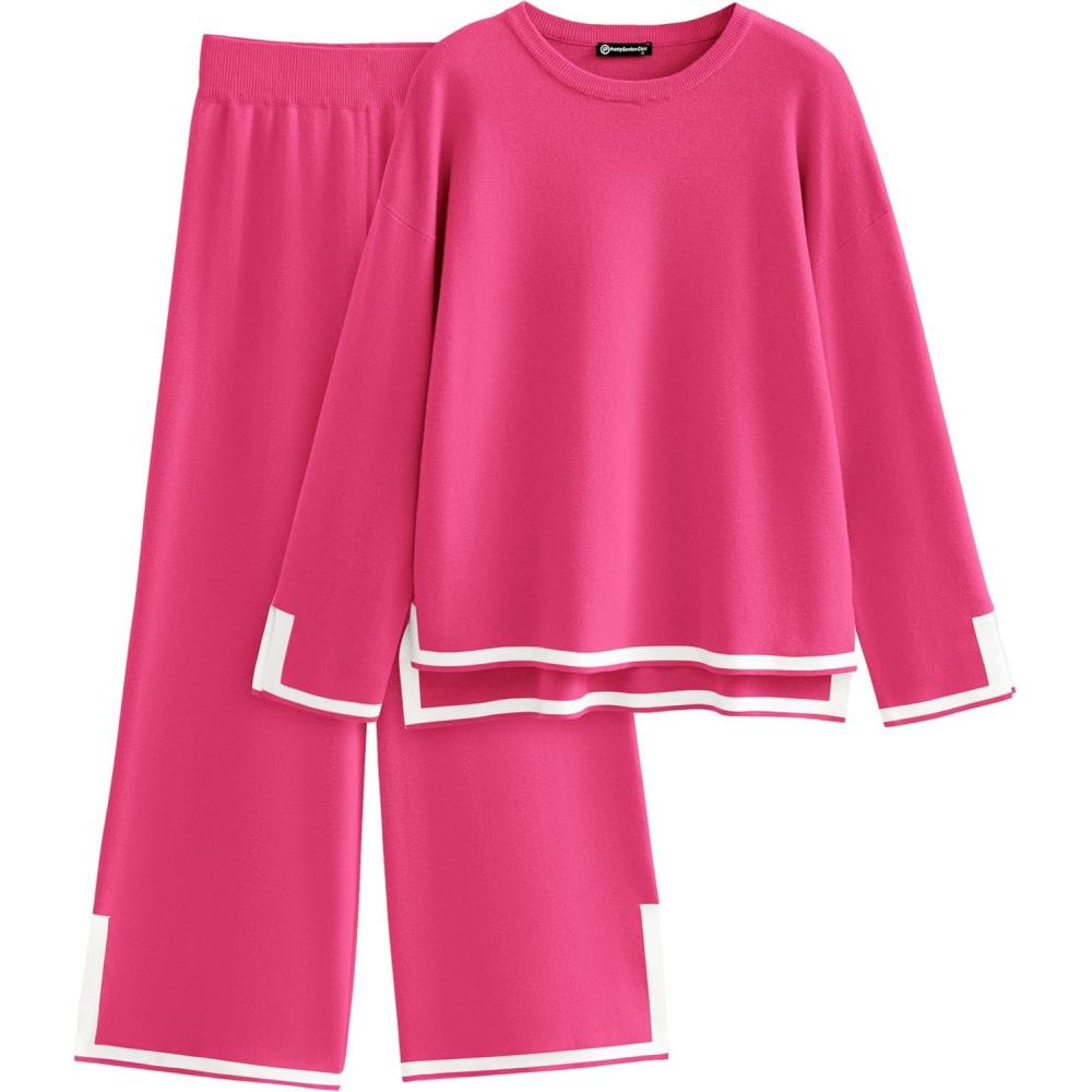 imagePRETTYGARDEN Womens 2 Piece Fall Knit Sweater Set Long Sleeve Tops Wide Leg Pants Sweatsuit Tracksuit Outfit Winter ClothingRose Red