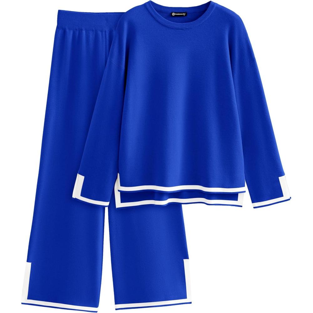 imagePRETTYGARDEN Womens 2 Piece Fall Knit Sweater Set Long Sleeve Tops Wide Leg Pants Sweatsuit Tracksuit Outfit Winter ClothingRoyal Blue