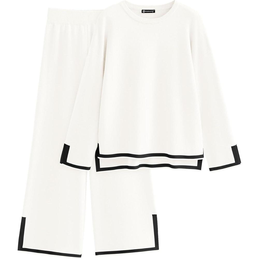 imagePRETTYGARDEN Womens 2 Piece Fall Knit Sweater Set Long Sleeve Tops Wide Leg Pants Sweatsuit Tracksuit Outfit Winter ClothingWhite