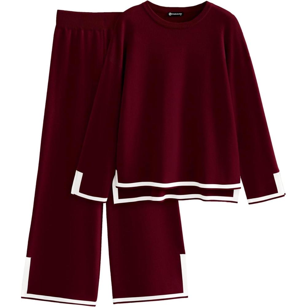 imagePRETTYGARDEN Womens 2 Piece Fall Knit Sweater Set Long Sleeve Tops Wide Leg Pants Sweatsuit Tracksuit Outfit Winter ClothingWine Red