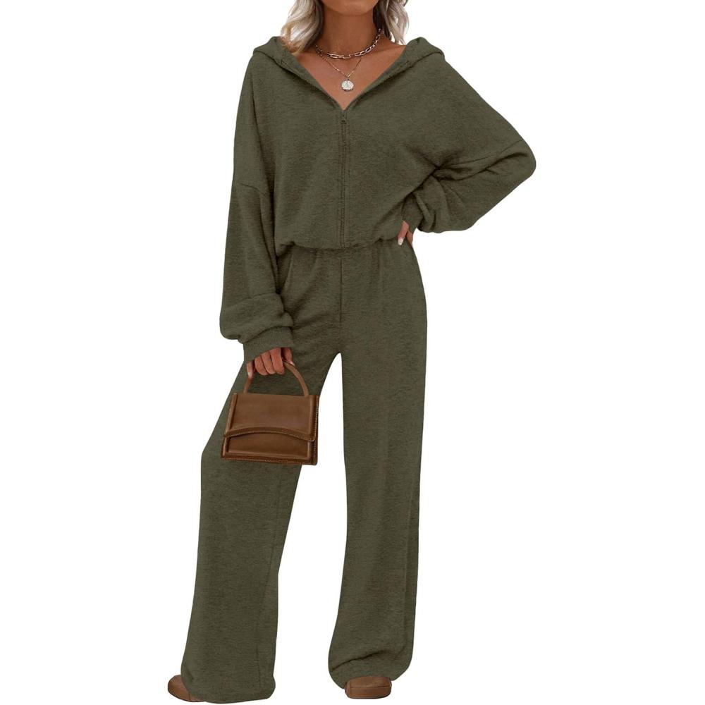 imagePRETTYGARDEN Womens 2 Piece Fall Lounge Sets 2026 Zip Up Hoodie Wide Leg Tracksuit Spring Matching Travel Outfits ClothesArmy Green