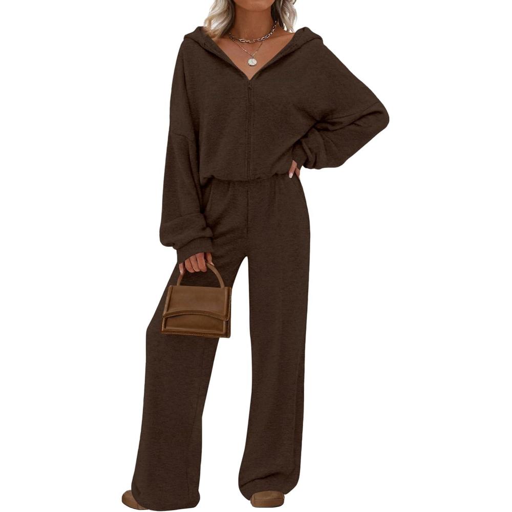 imagePRETTYGARDEN Womens 2 Piece Fall Lounge Sets 2026 Zip Up Hoodie Wide Leg Tracksuit Spring Matching Travel Outfits ClothesBrown