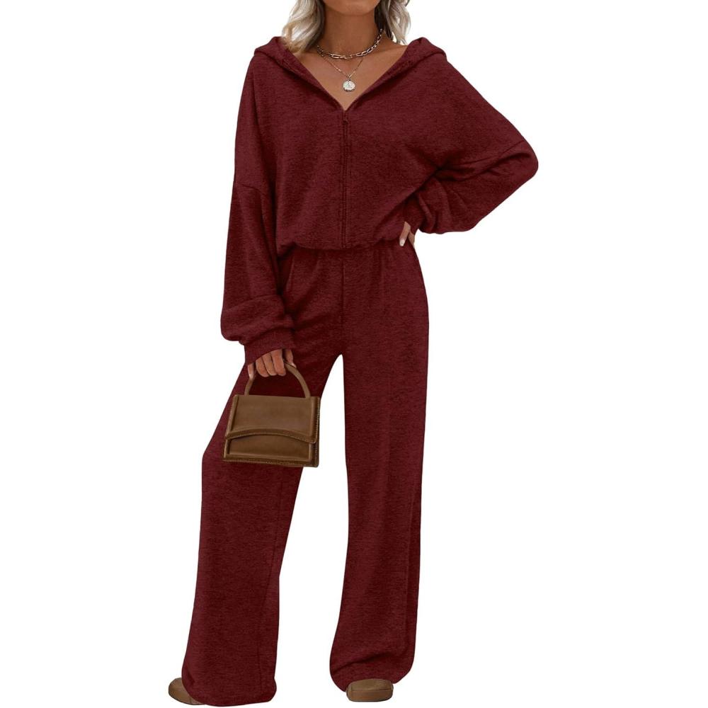 imagePRETTYGARDEN Womens 2 Piece Fall Lounge Sets 2026 Zip Up Hoodie Wide Leg Tracksuit Spring Matching Travel Outfits ClothesBurgundy