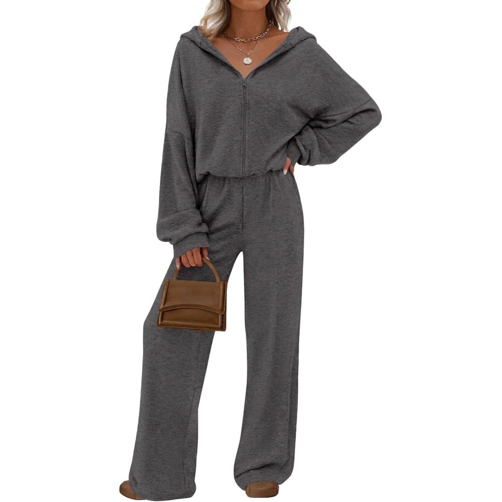 imagePRETTYGARDEN Womens 2 Piece Fall Lounge Sets 2026 Zip Up Hoodie Wide Leg Tracksuit Spring Matching Travel Outfits ClothesDark Grey