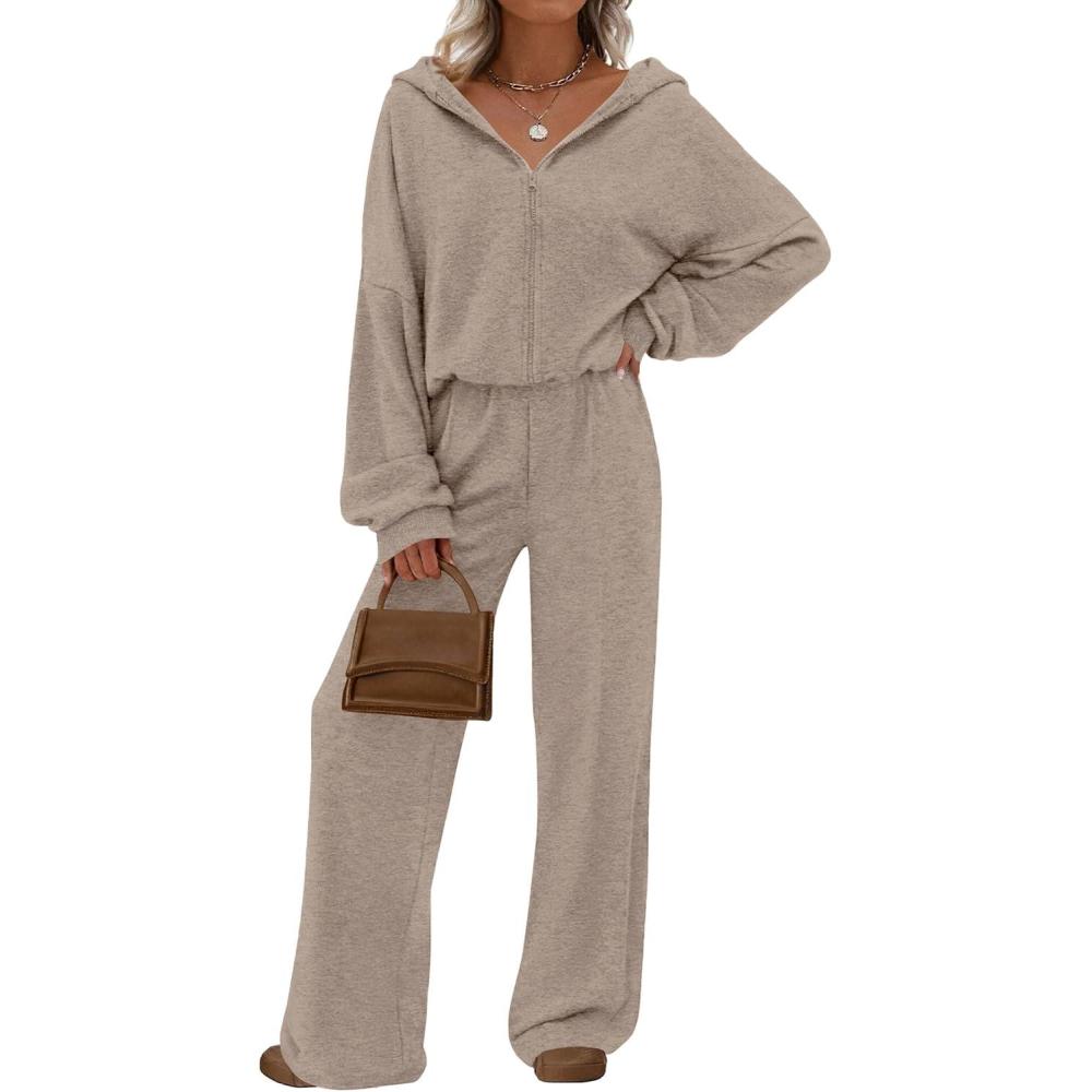 imagePRETTYGARDEN Womens 2 Piece Fall Lounge Sets 2026 Zip Up Hoodie Wide Leg Tracksuit Spring Matching Travel Outfits ClothesKhaki