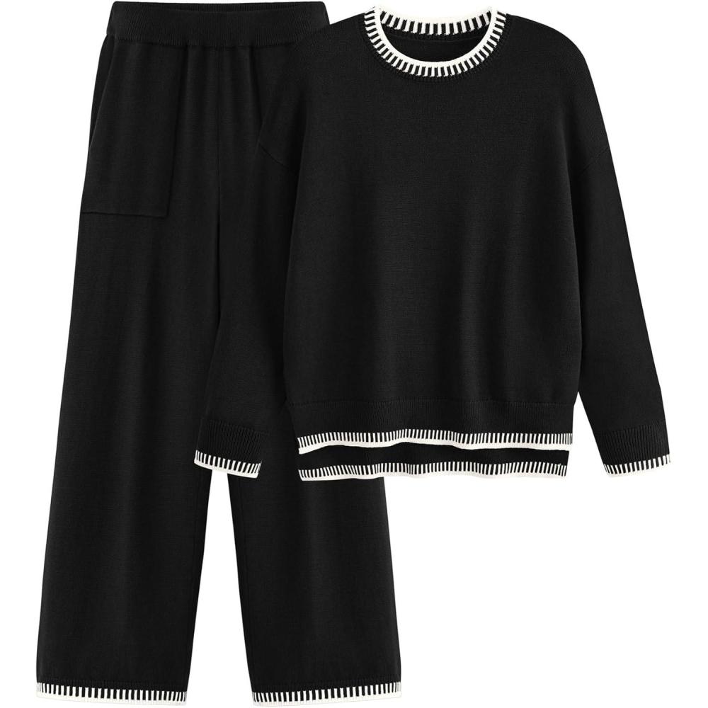 imagePRETTYGARDEN Womens 2 Piece Knit Sweater Outfit Casual Long Sleeve Pullover Wide Leg Pants Tracksuit Loungewear SetBlack