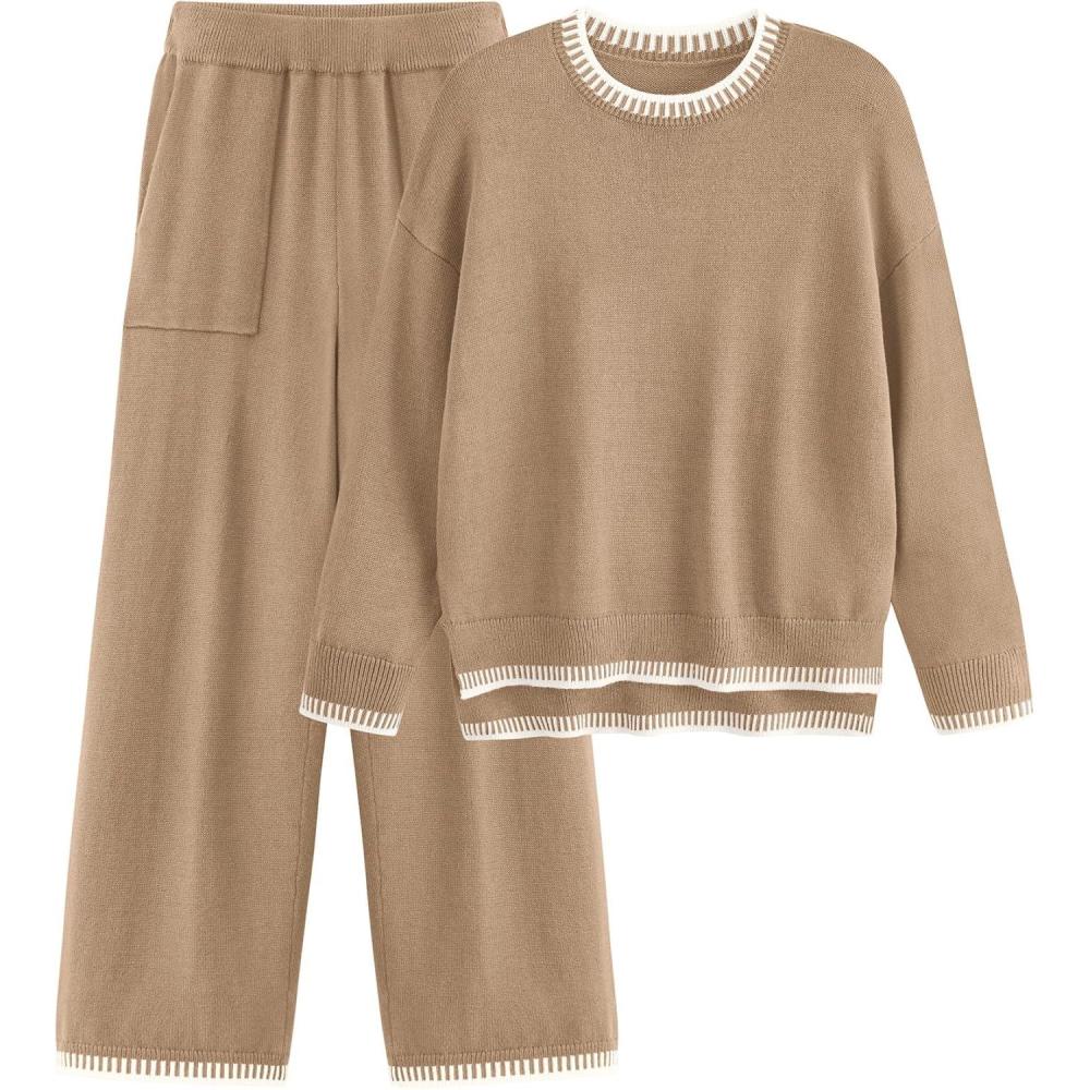 imagePRETTYGARDEN Womens 2 Piece Knit Sweater Outfit Casual Long Sleeve Pullover Wide Leg Pants Tracksuit Loungewear SetKhaki