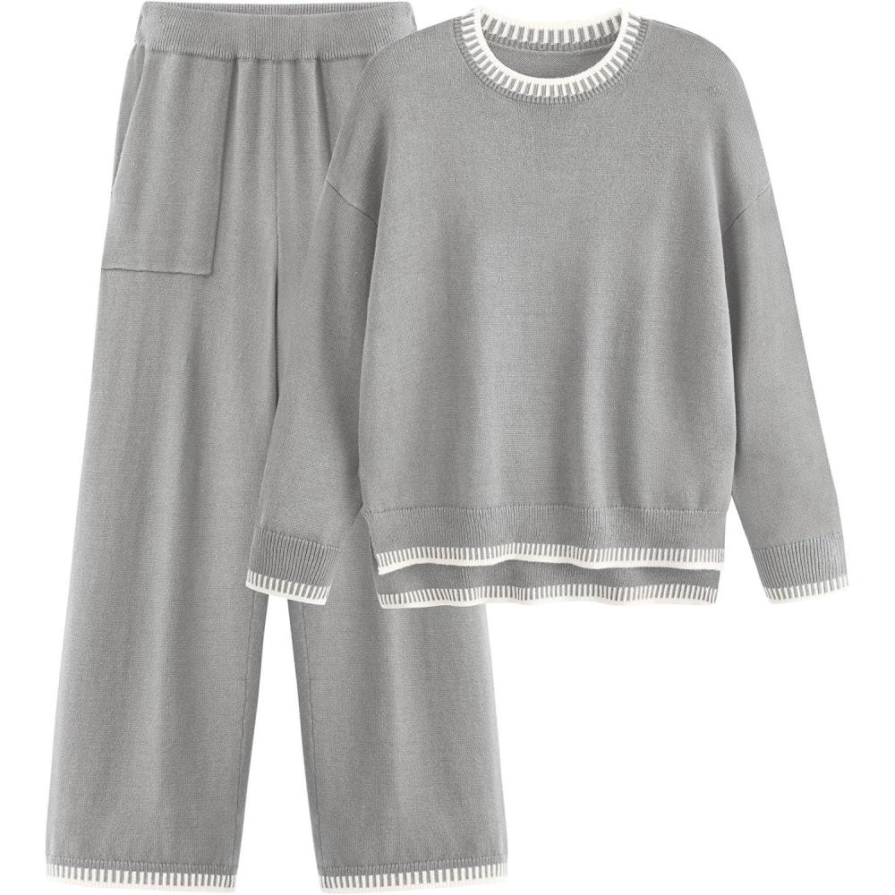 imagePRETTYGARDEN Womens 2 Piece Knit Sweater Outfit Casual Long Sleeve Pullover Wide Leg Pants Tracksuit Loungewear SetLight Grey