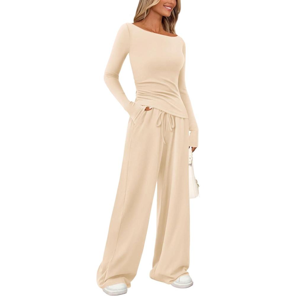 imagePRETTYGARDEN Womens 2 Piece Lounge Sets Asymmetrical Long Sleeve T Shirt Wide Leg Pants Casual Outfits TracksuitBeige