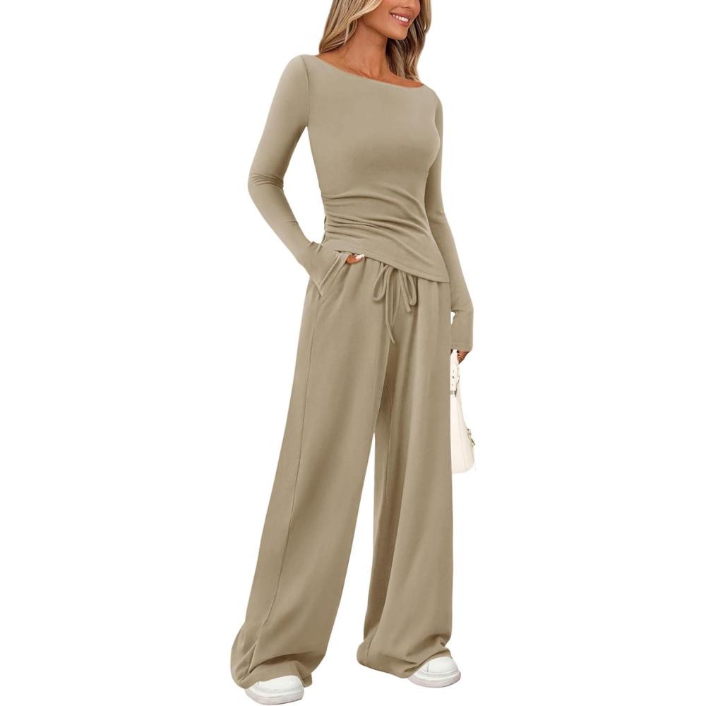 imagePRETTYGARDEN Womens 2 Piece Lounge Sets Asymmetrical Long Sleeve T Shirt Wide Leg Pants Casual Outfits TracksuitLight Khaki