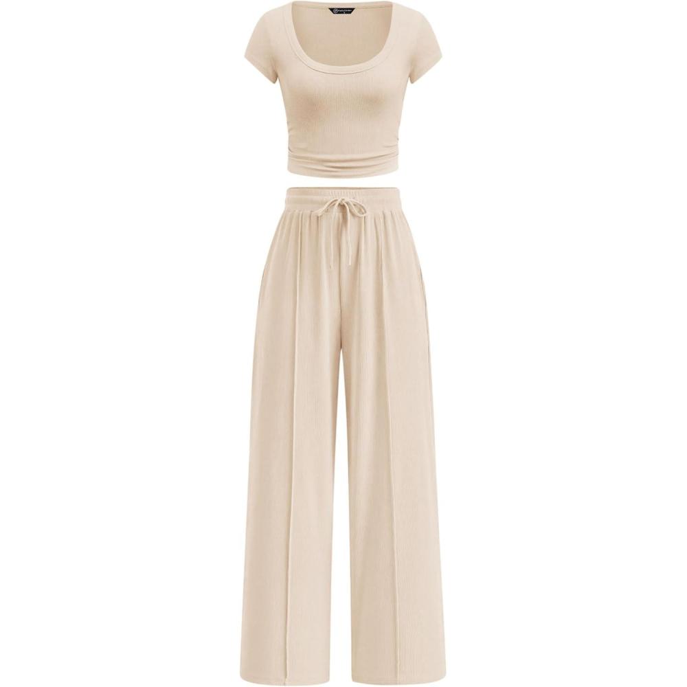 imagePRETTYGARDEN Womens 2 Piece Matching Lounge Sets Ribbed Short Sleeve Crop Tops Wide Leg Pants 2026 Summer Airport OutfitsBeige