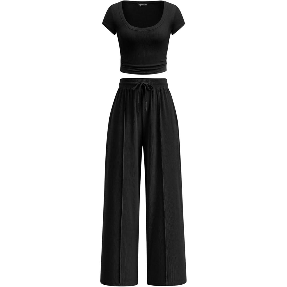 imagePRETTYGARDEN Womens 2 Piece Matching Lounge Sets Ribbed Short Sleeve Crop Tops Wide Leg Pants 2026 Summer Airport OutfitsBlack