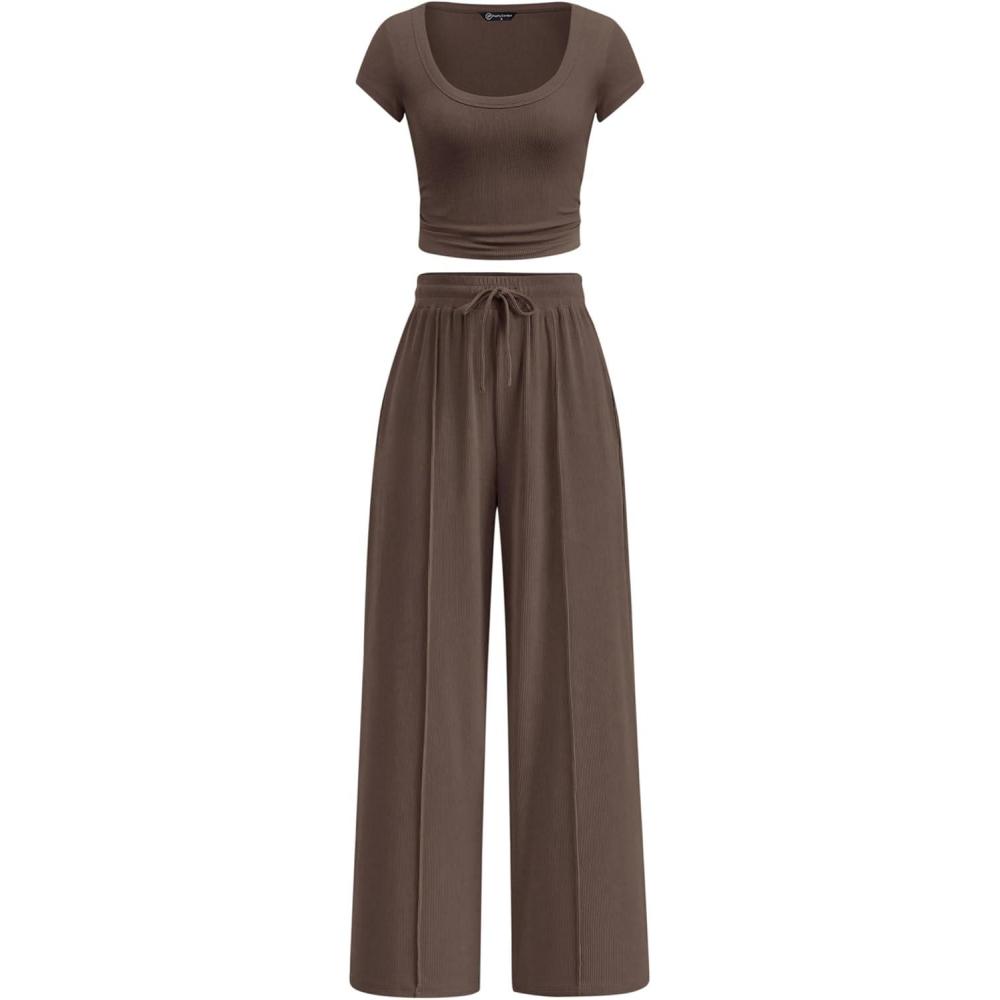 imagePRETTYGARDEN Womens 2 Piece Matching Lounge Sets Ribbed Short Sleeve Crop Tops Wide Leg Pants 2026 Summer Airport OutfitsBrown
