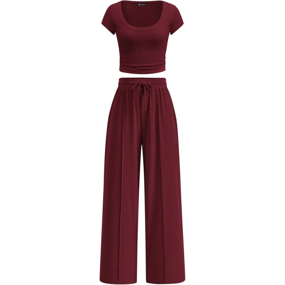 imagePRETTYGARDEN Womens 2 Piece Matching Lounge Sets Ribbed Short Sleeve Crop Tops Wide Leg Pants 2026 Summer Airport OutfitsBurgundy