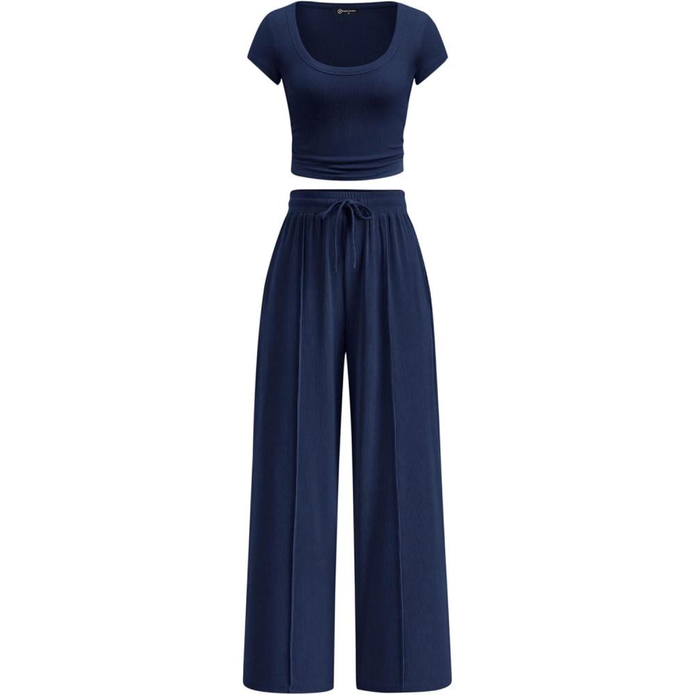 imagePRETTYGARDEN Womens 2 Piece Matching Lounge Sets Ribbed Short Sleeve Crop Tops Wide Leg Pants 2026 Summer Airport OutfitsNavy Blue