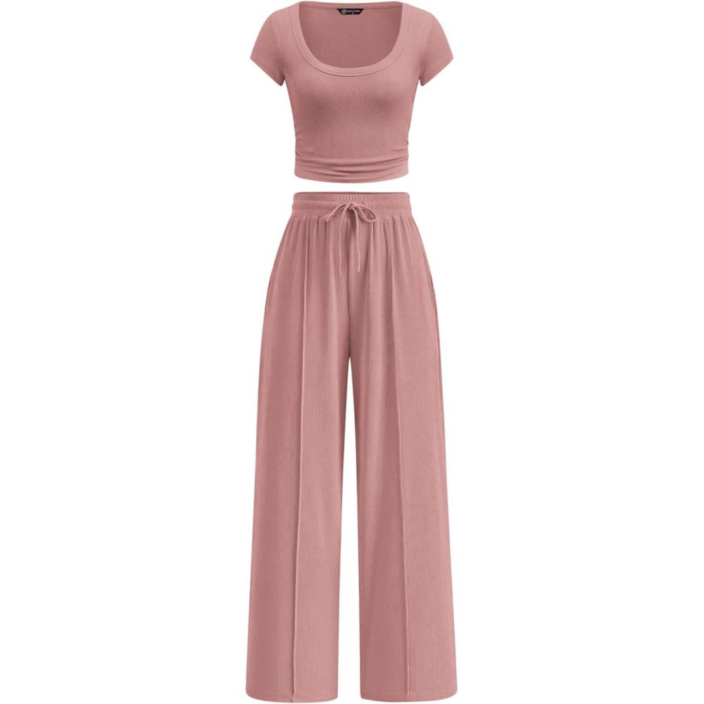 imagePRETTYGARDEN Womens 2 Piece Matching Lounge Sets Ribbed Short Sleeve Crop Tops Wide Leg Pants 2026 Summer Airport OutfitsPink