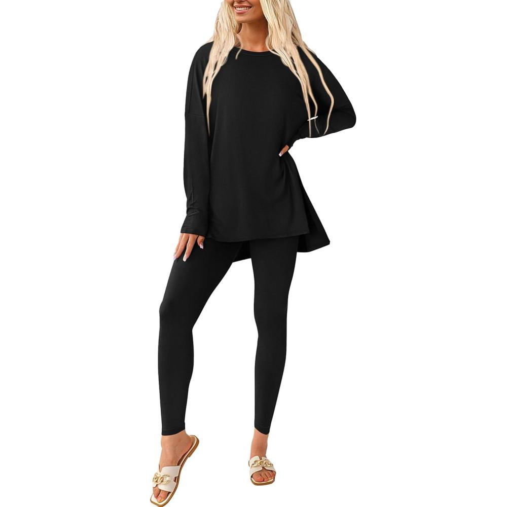 imagePRETTYGARDEN Womens 2 Piece Outfits 2026 Spring Long Sleeve Tunic Tops Legging Pants Fall Matching Lounge Sets SweatsuitsBlack