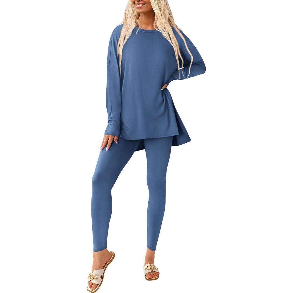 imagePRETTYGARDEN Womens 2 Piece Outfits 2026 Spring Long Sleeve Tunic Tops Legging Pants Fall Matching Lounge Sets SweatsuitsBlue