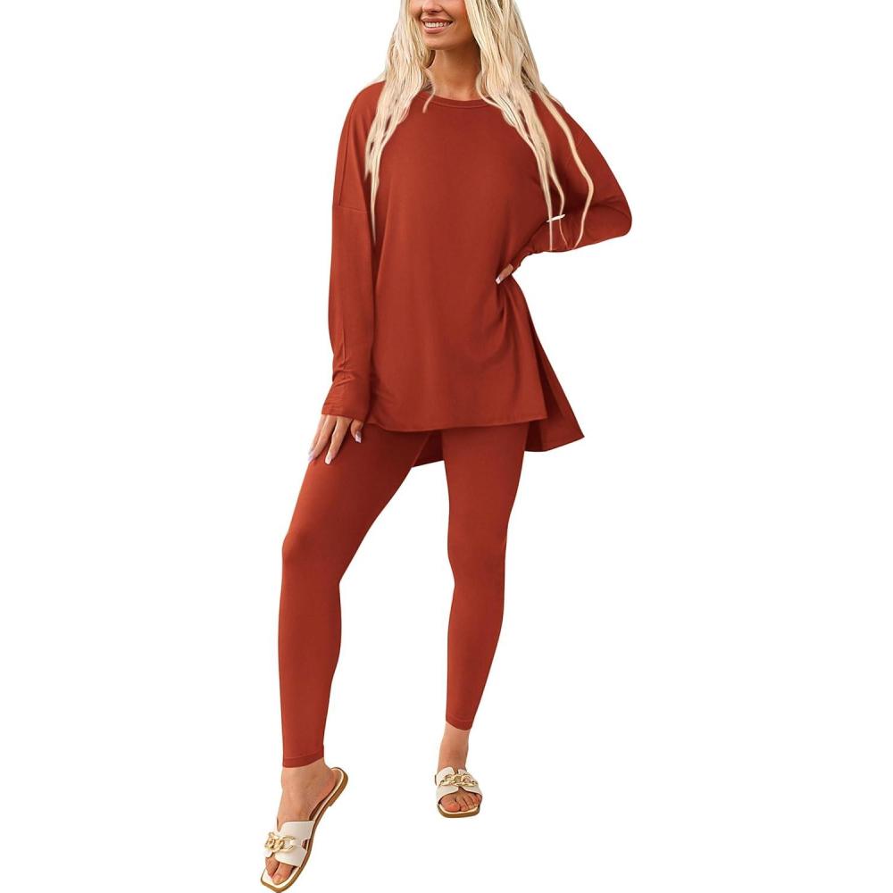 imagePRETTYGARDEN Womens 2 Piece Outfits 2026 Spring Long Sleeve Tunic Tops Legging Pants Fall Matching Lounge Sets SweatsuitsBrick Red