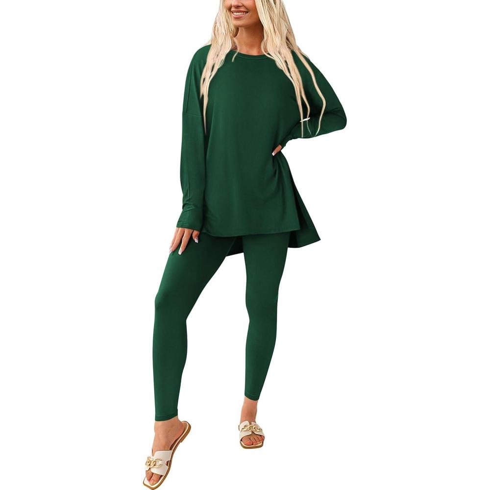 imagePRETTYGARDEN Womens 2 Piece Outfits 2026 Spring Long Sleeve Tunic Tops Legging Pants Fall Matching Lounge Sets SweatsuitsDark Green