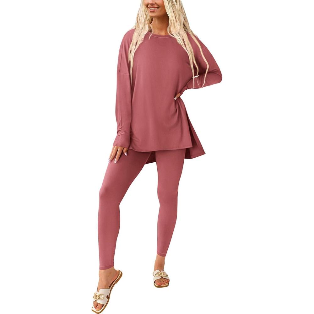 imagePRETTYGARDEN Womens 2 Piece Outfits 2026 Spring Long Sleeve Tunic Tops Legging Pants Fall Matching Lounge Sets SweatsuitsDusty Pink