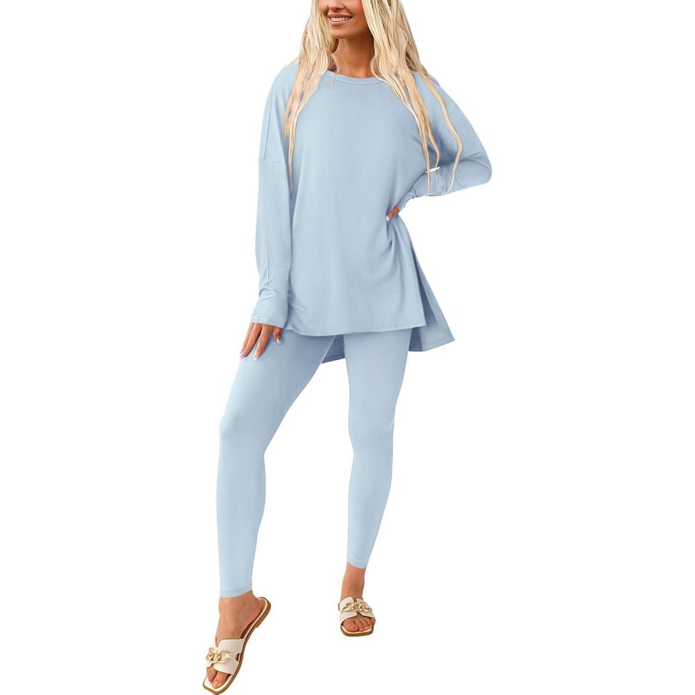 imagePRETTYGARDEN Womens 2 Piece Outfits 2026 Spring Long Sleeve Tunic Tops Legging Pants Fall Matching Lounge Sets SweatsuitsLight Blue