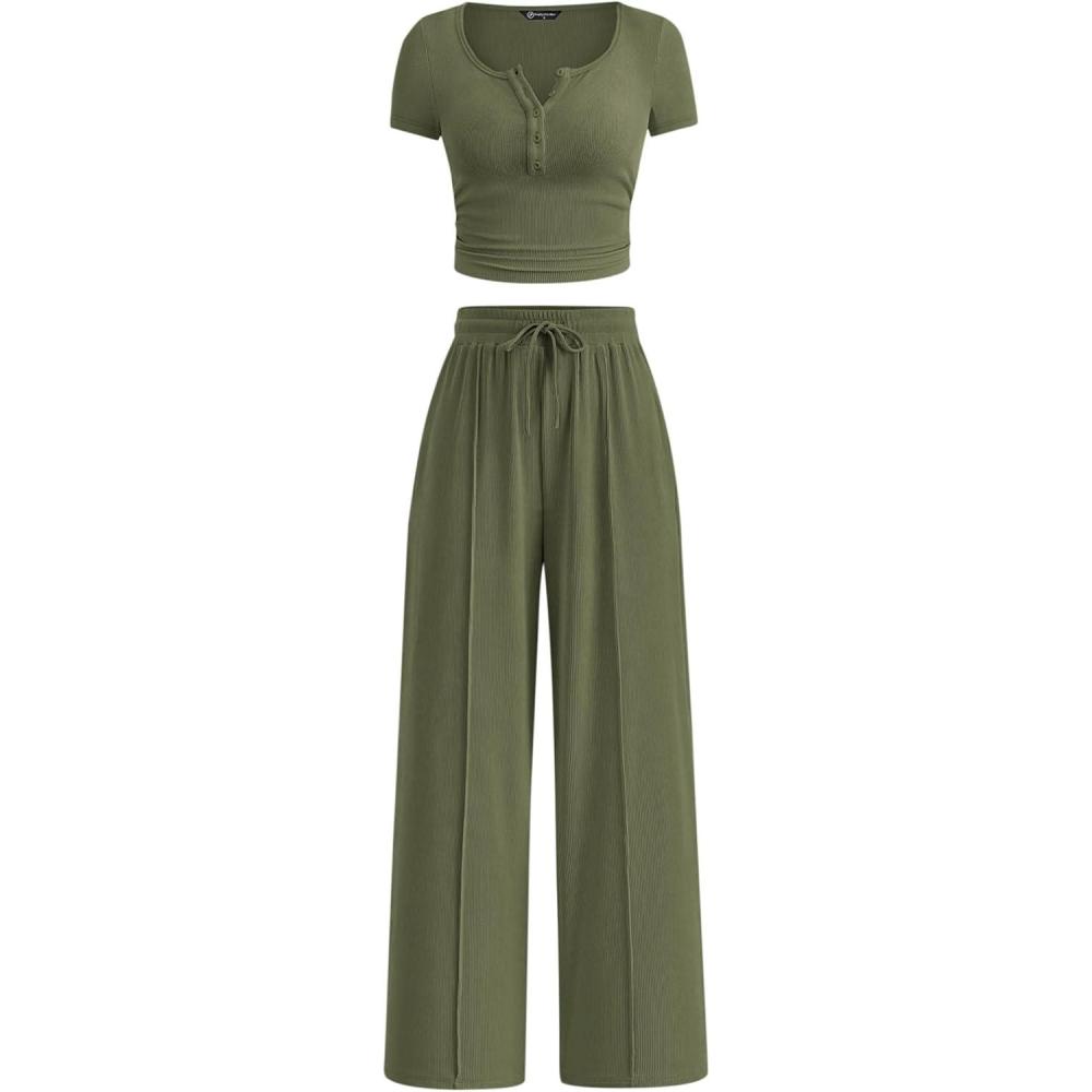 imagePRETTYGARDEN Womens 2 Piece Outfits Summer 2026 Ribbed Knit Button Short Sleeve Tops Casual Wide Leg Pants Lounge SetsArmy Green