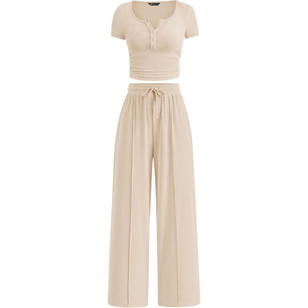 imagePRETTYGARDEN Womens 2 Piece Outfits Summer 2026 Ribbed Knit Button Short Sleeve Tops Casual Wide Leg Pants Lounge SetsBeige