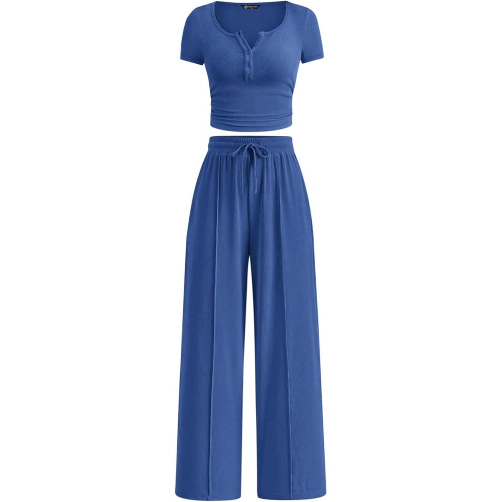 imagePRETTYGARDEN Womens 2 Piece Outfits Summer 2026 Ribbed Knit Button Short Sleeve Tops Casual Wide Leg Pants Lounge SetsBlue