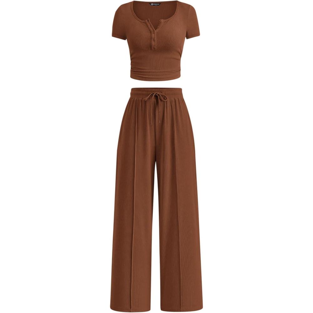imagePRETTYGARDEN Womens 2 Piece Outfits Summer 2026 Ribbed Knit Button Short Sleeve Tops Casual Wide Leg Pants Lounge SetsBrown
