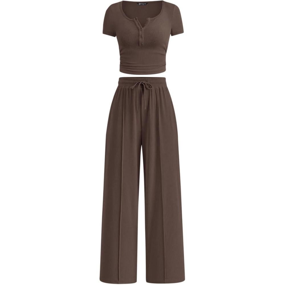 imagePRETTYGARDEN Womens 2 Piece Outfits Summer 2026 Ribbed Knit Button Short Sleeve Tops Casual Wide Leg Pants Lounge SetsCoffee