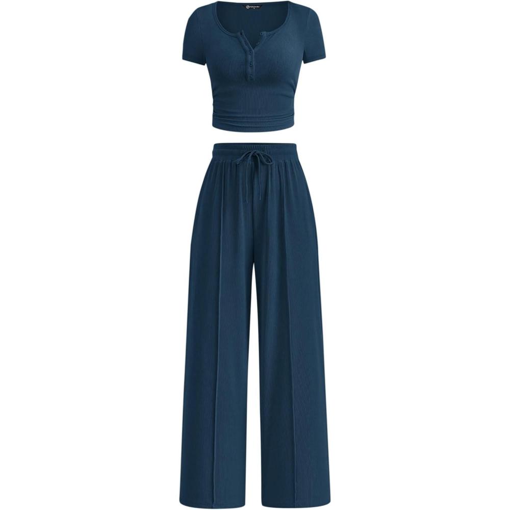 imagePRETTYGARDEN Womens 2 Piece Outfits Summer 2026 Ribbed Knit Button Short Sleeve Tops Casual Wide Leg Pants Lounge SetsDark Blue
