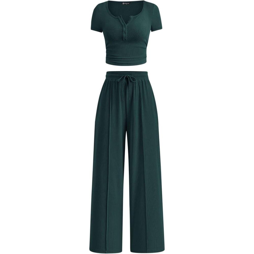 imagePRETTYGARDEN Womens 2 Piece Outfits Summer 2026 Ribbed Knit Button Short Sleeve Tops Casual Wide Leg Pants Lounge SetsDark Green
