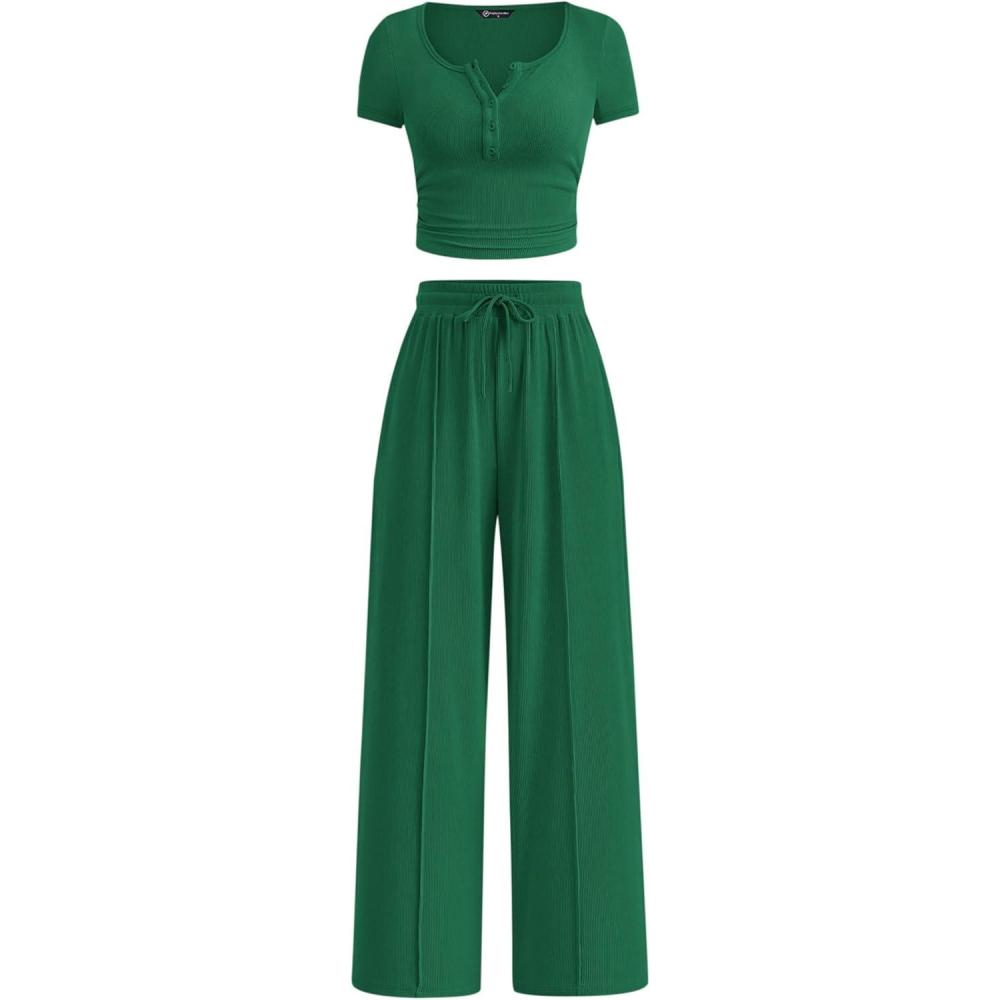imagePRETTYGARDEN Womens 2 Piece Outfits Summer 2026 Ribbed Knit Button Short Sleeve Tops Casual Wide Leg Pants Lounge SetsGreen