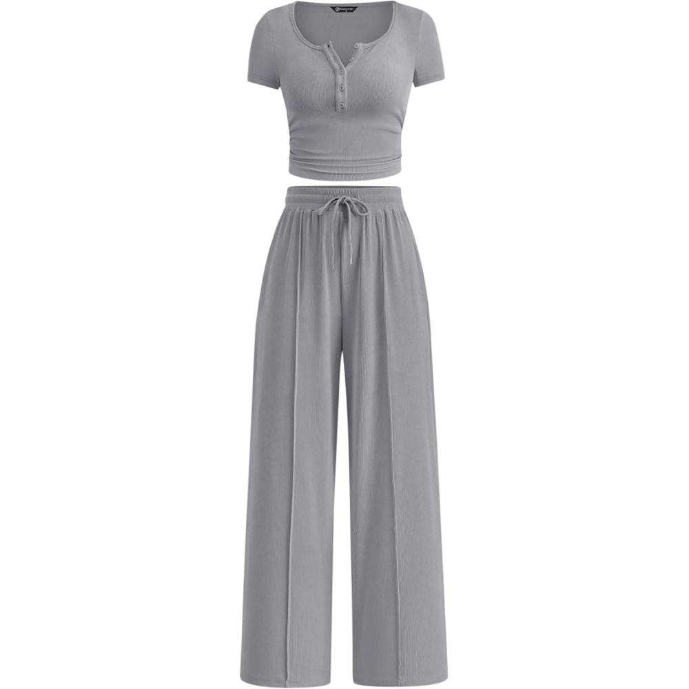 imagePRETTYGARDEN Womens 2 Piece Outfits Summer 2026 Ribbed Knit Button Short Sleeve Tops Casual Wide Leg Pants Lounge SetsGrey