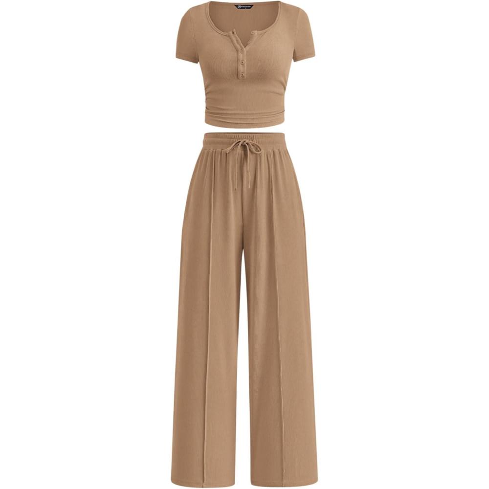 imagePRETTYGARDEN Womens 2 Piece Outfits Summer 2026 Ribbed Knit Button Short Sleeve Tops Casual Wide Leg Pants Lounge SetsKhaki