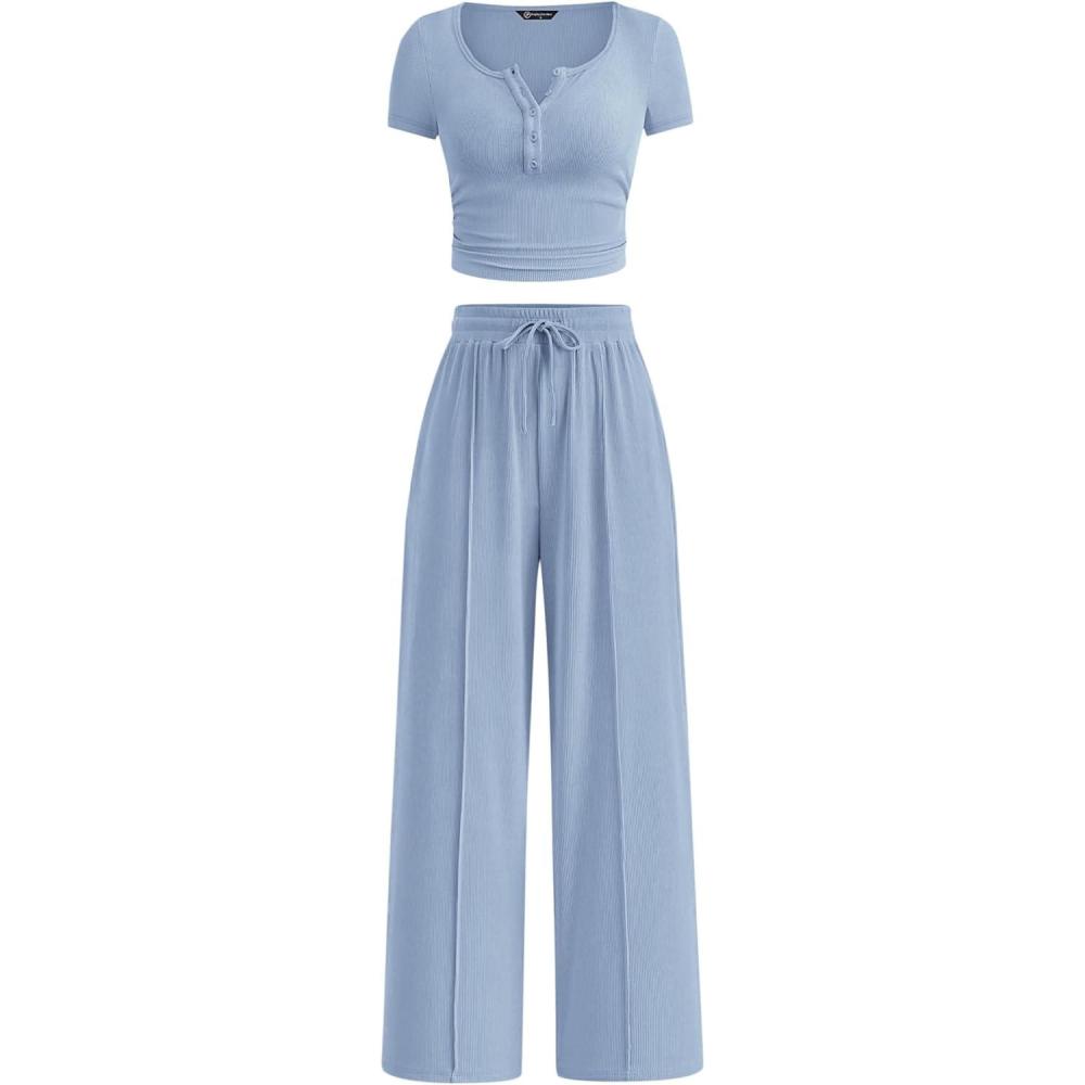 imagePRETTYGARDEN Womens 2 Piece Outfits Summer 2026 Ribbed Knit Button Short Sleeve Tops Casual Wide Leg Pants Lounge SetsLight Blue